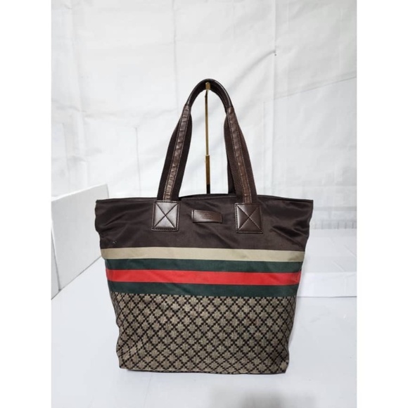 Authentic Gucci Diamante Canvas Web Shopping Tote Bag Brown/Beige - Picture 1 of 15